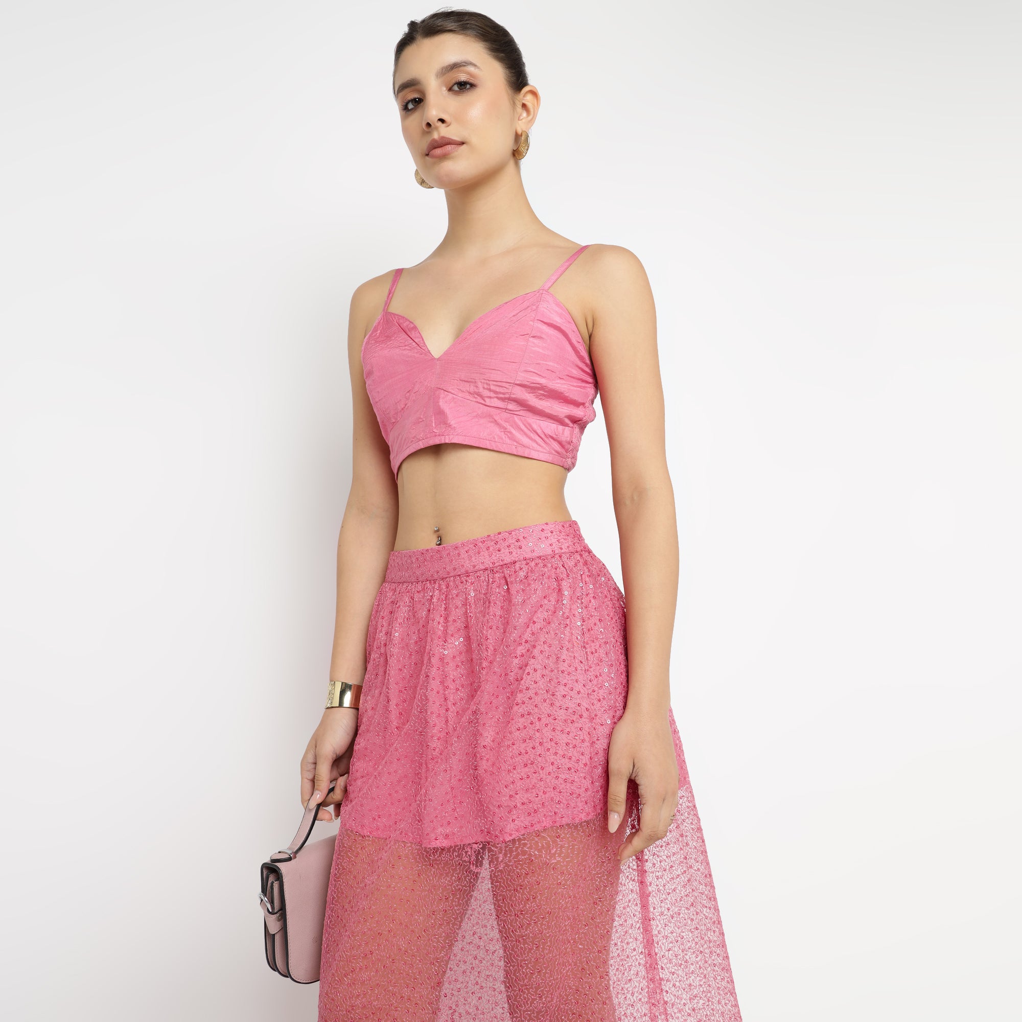 Pink Ruched Bralette & Sequin Mesh Overlay Skirt Co-ord Set